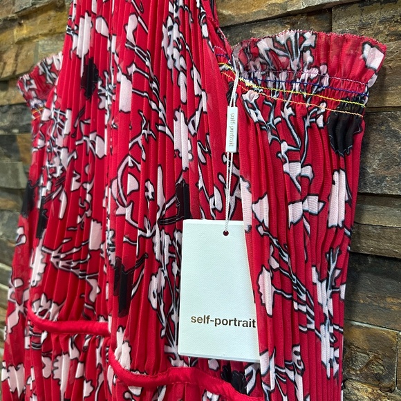 Self-Portrait Floral Chiffon Maxi Dress Red Cold Shoulder Pleated Hi-Low Size SM - Picture 12 of 16